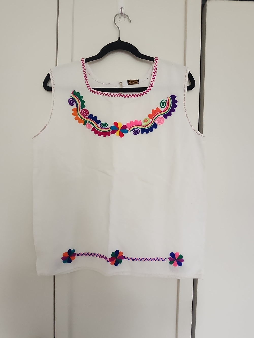 White Embroidered Sleeveless Camisole with Multicolor Floral Trim